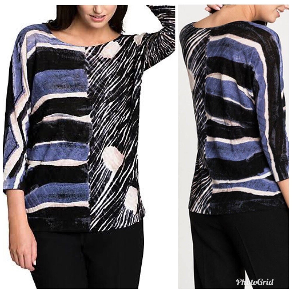 NIC+ZOE Linen Blend Knit Top Women's 3/4 Sleeve Blue Black White Size Small